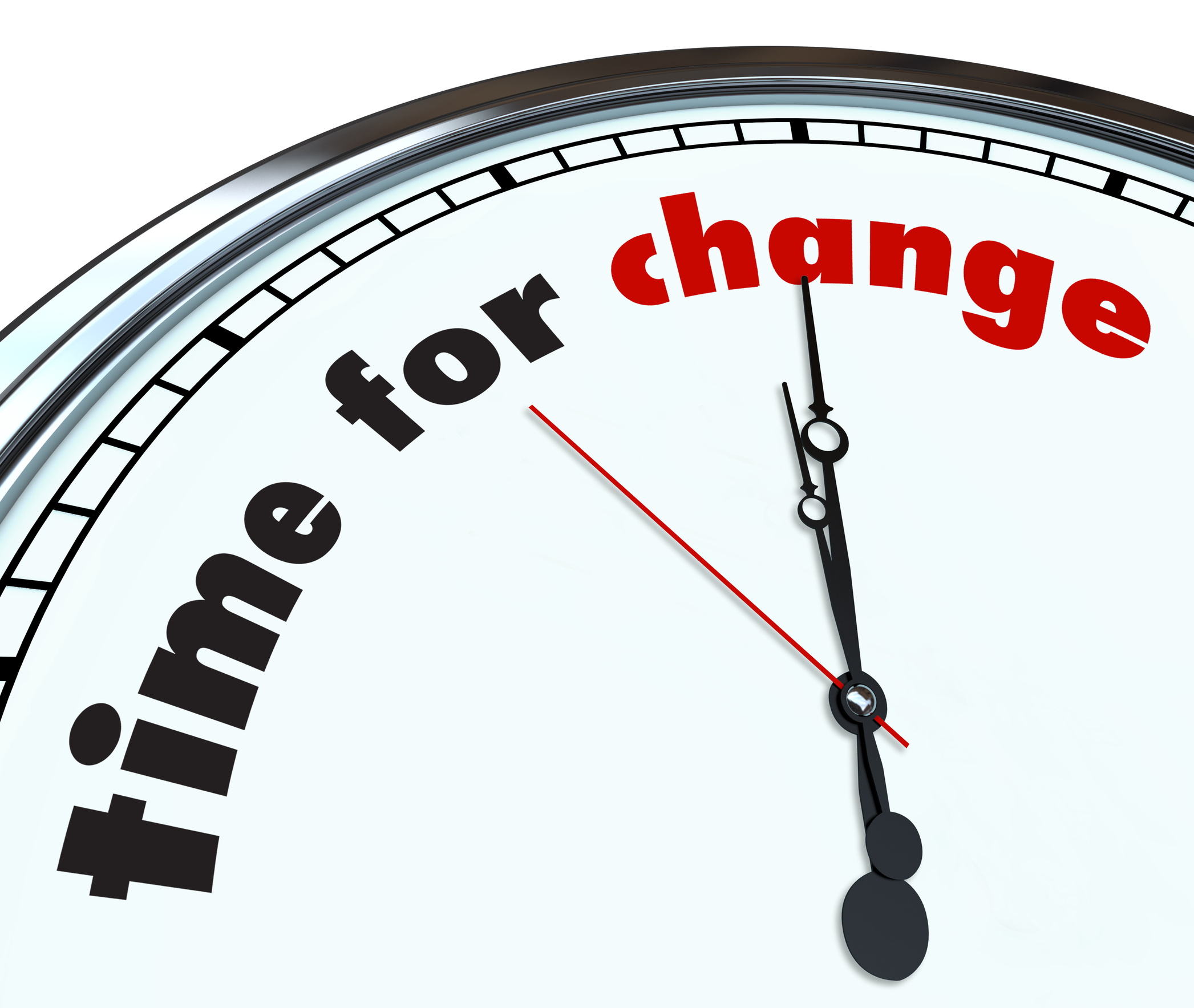 Old fashioned clock face with 'Time for Change' in an arc across the face.